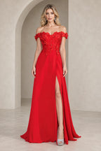 Red off shoulder floral lace A line prom dress with side slit and lace up back