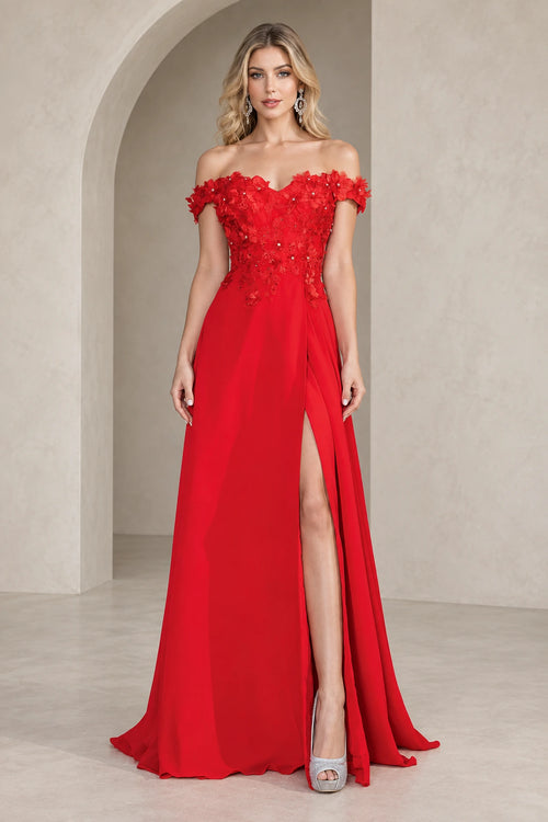 Red off shoulder floral lace A line prom dress with side slit and lace up back