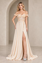 Elegant A Line Off Shoulder Floral Lace Floor Length Prom Dress