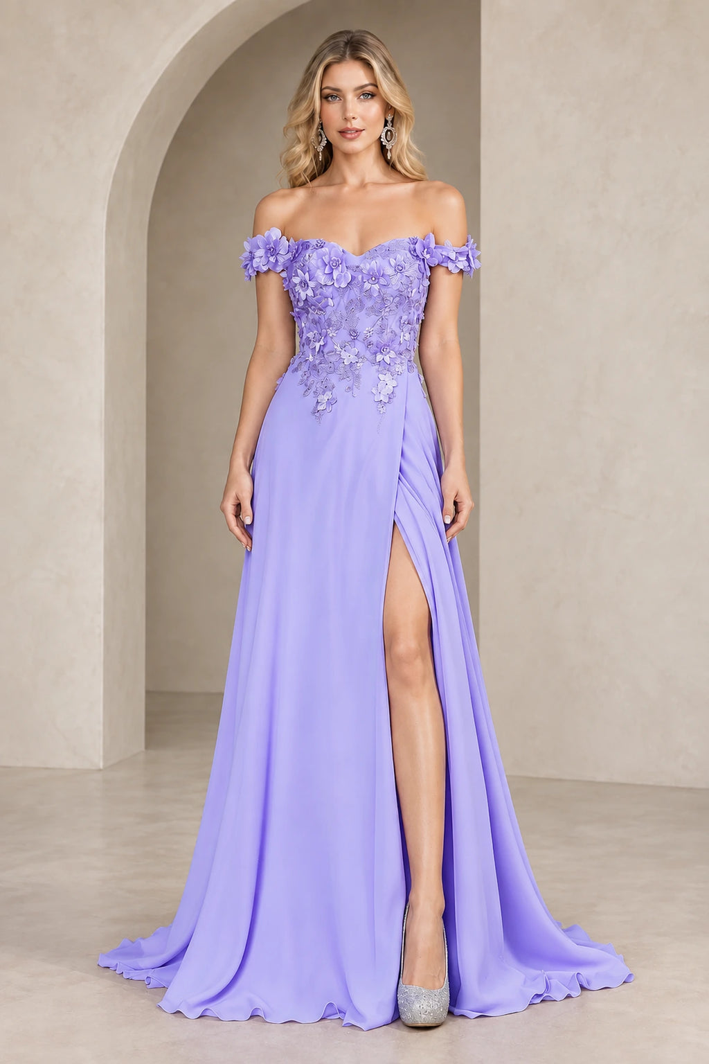Elegant A Line Off Shoulder Floral Lace Floor Length Prom Dress