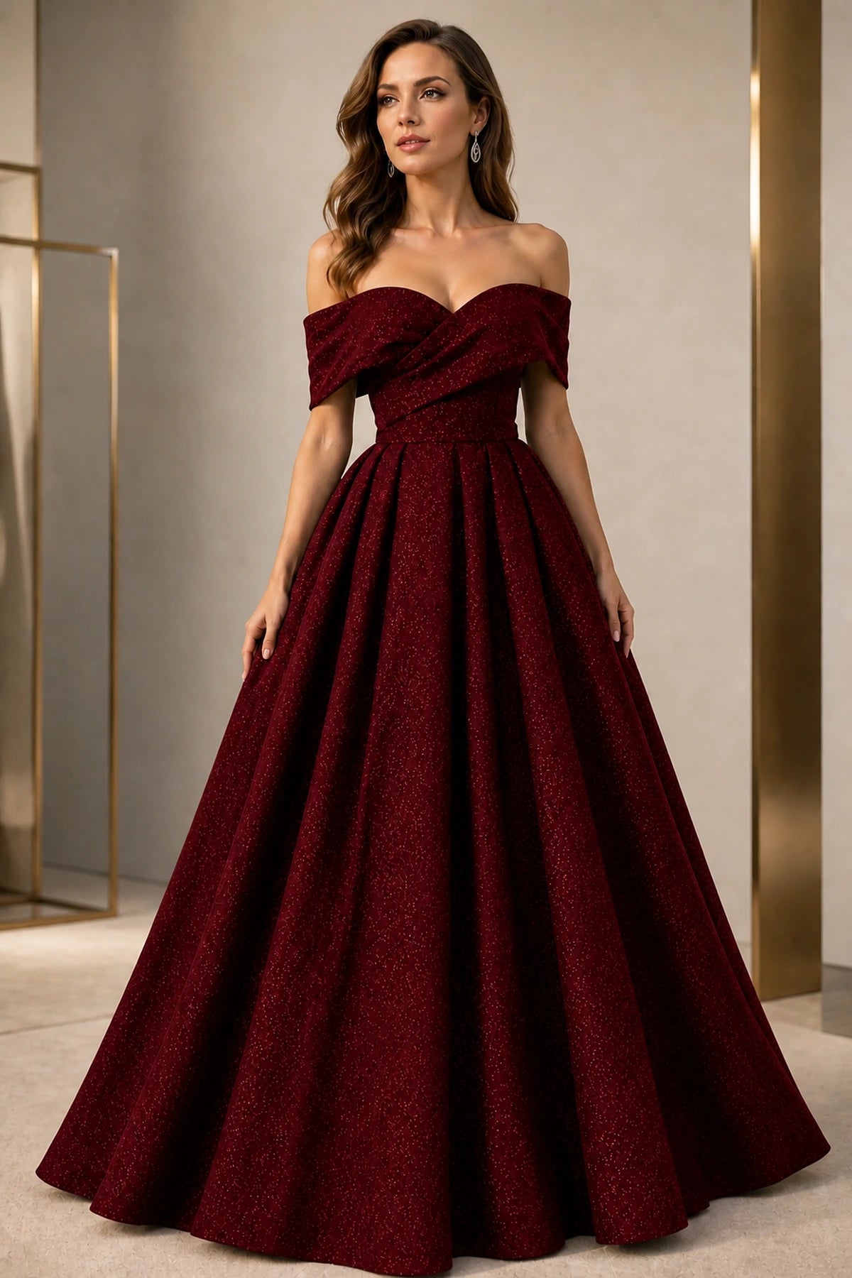 Radiant A-Line Sweetheart Off-Shoulder V-Back Floor-Length Glitter Prom Dress