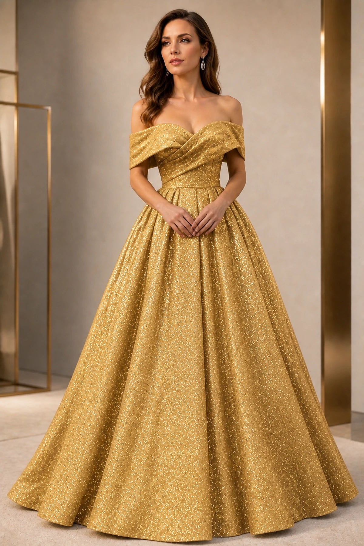 Radiant A-Line Sweetheart Off-Shoulder V-Back Floor-Length Glitter Prom Dress