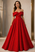 Red glitter A-line prom dress with sweetheart neckline and off-shoulder draped sleeves by GraceProm