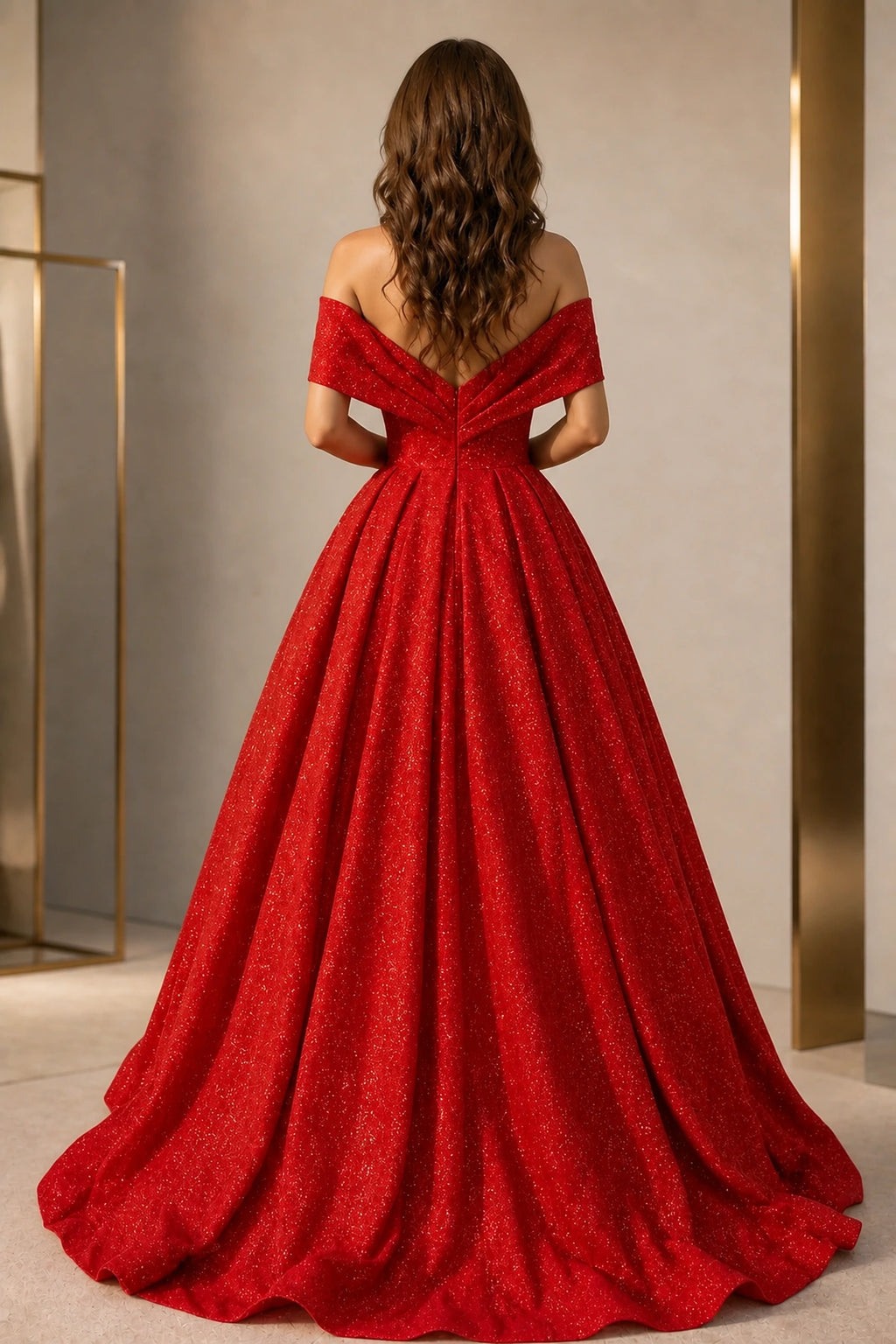 Back view of red glitter floor-length prom dress with V-back and off-shoulder sleeves by GraceProm