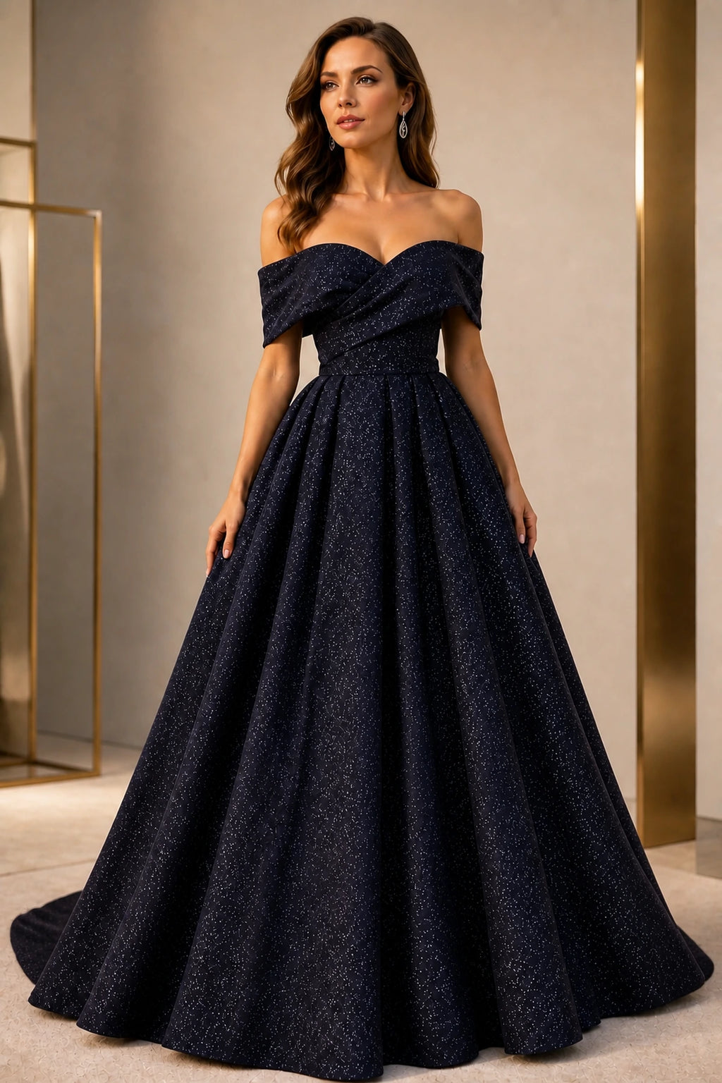 Radiant A-Line Sweetheart Off-Shoulder V-Back Floor-Length Glitter Prom Dress