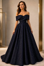 Radiant A-Line Sweetheart Off-Shoulder V-Back Floor-Length Glitter Prom Dress