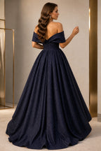 Radiant A-Line Sweetheart Off-Shoulder V-Back Floor-Length Glitter Prom Dress