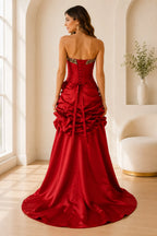 Red lace up back prom Dress with satin skirt and dramatic train back view