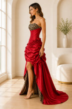 Red Strapless Satin Prom Dress with Leopard Print Bodice and High Slit Skirt