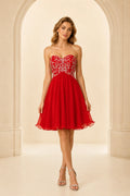 Red short A line chiffon homecoming Dress with beaded sweetheart bodice front view