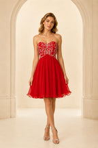 Red short A line chiffon homecoming Dress with beaded sweetheart bodice front view