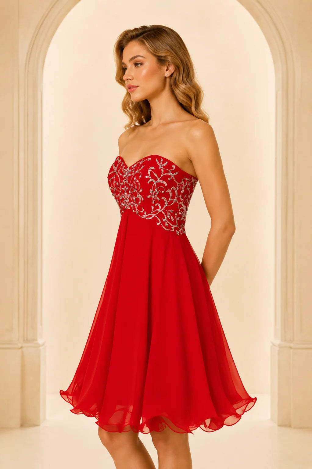 Red Short A Line Chiffon Homecoming Dress with Beaded Sweetheart Bodice