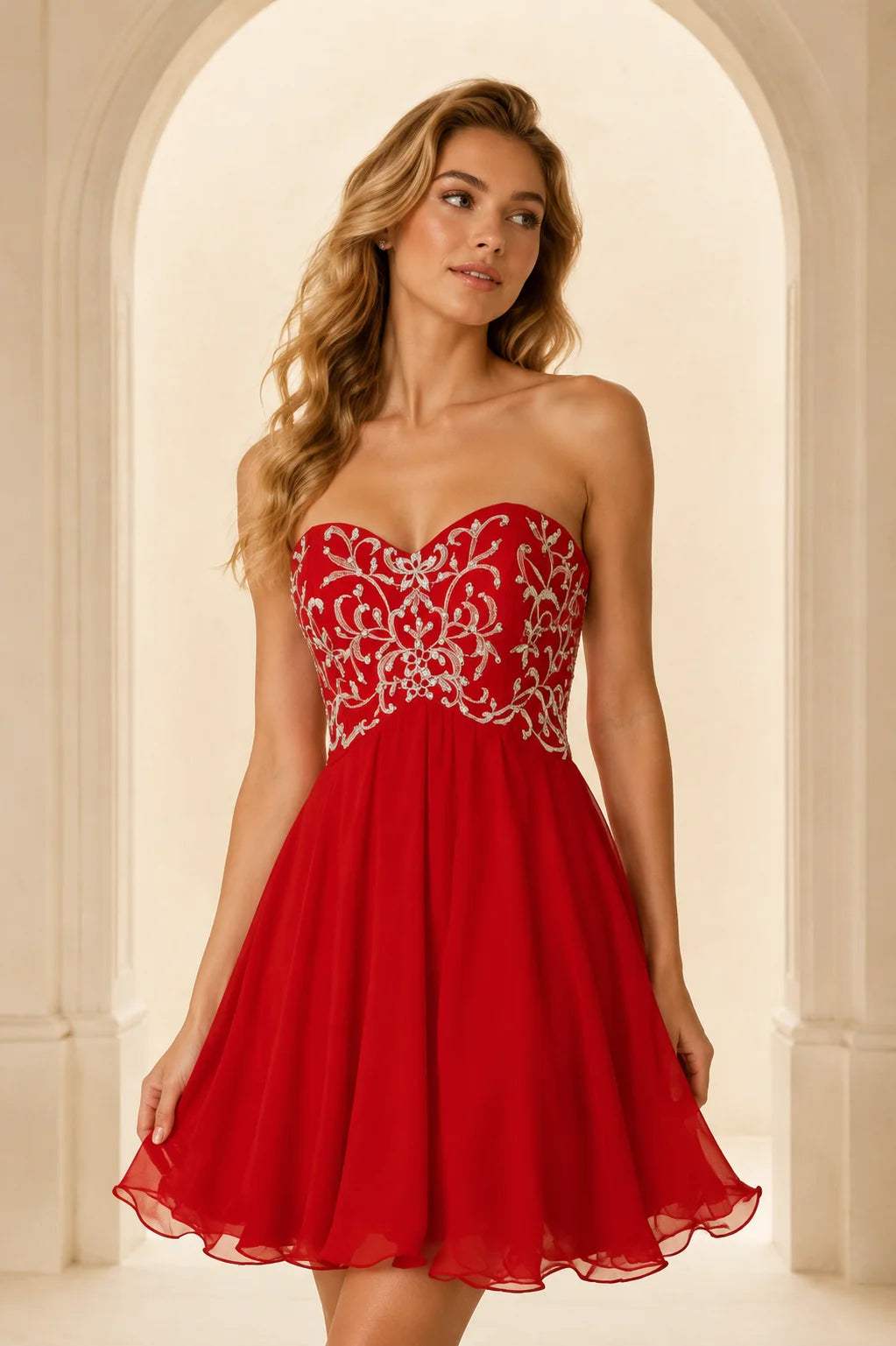 Red Short A Line Chiffon Homecoming Dress with Beaded Sweetheart Bodice