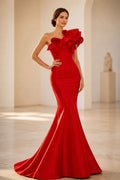 Red one shoulder ruffle mermaid floor length evening dress by GraceProm