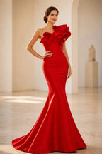 Red one shoulder ruffle mermaid floor length evening dress by GraceProm