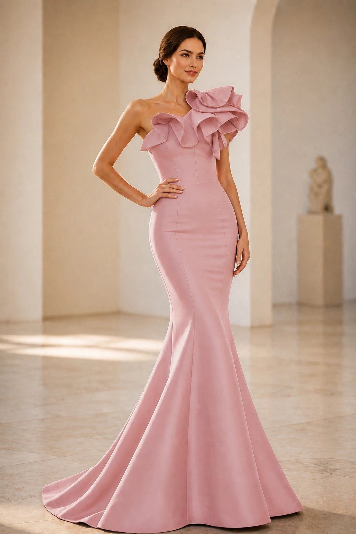 Striking Mermaid One Shoulder Ruffle Sleeveless Floor Length Evening Dress