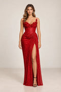 Red sequin A line prom dress with V neck ruched waist and side slit