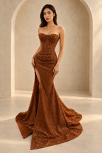 Glamorous Mermaid Strapless Sequin Corset Floor Length Prom Dress