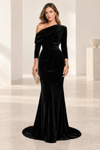 Elegant Mermaid Off Shoulder Long Sleeve Back Draped Floor Length Bridesmaid Dress
