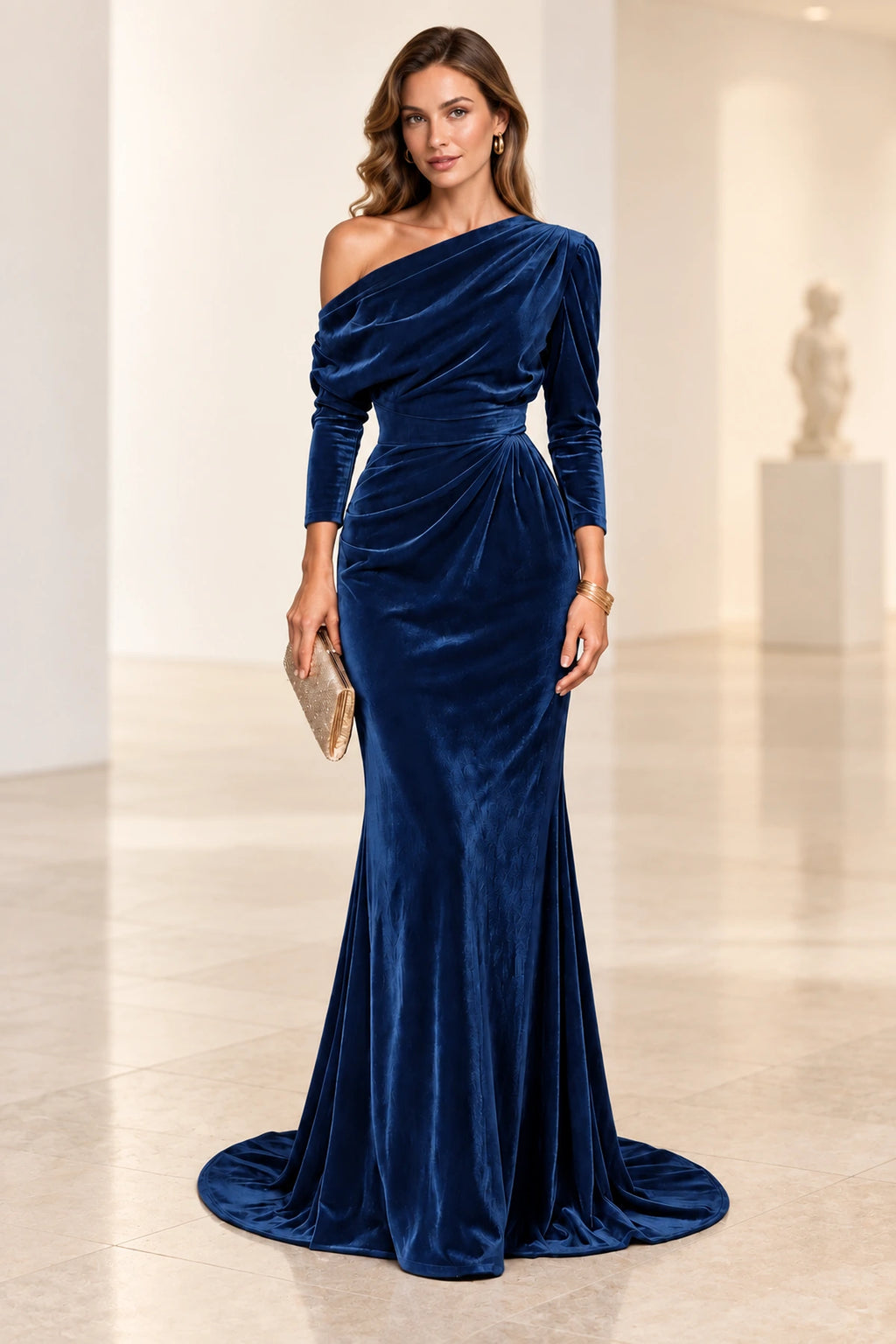 Elegant Mermaid Off Shoulder Long Sleeve Back Draped Floor Length Bridesmaid Dress