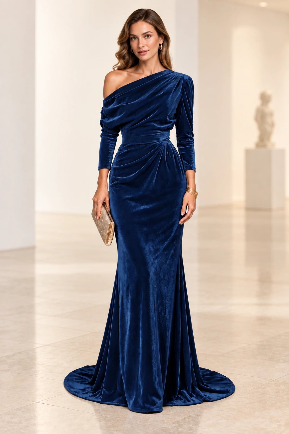 Elegant Mermaid Off Shoulder Long Sleeve Back Draped Floor Length Bridesmaid Dress