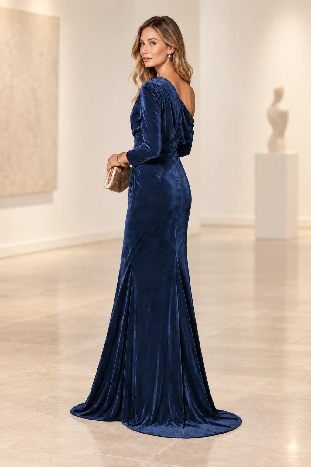 Elegant Mermaid Off Shoulder Long Sleeve Back Draped Floor Length Bridesmaid Dress