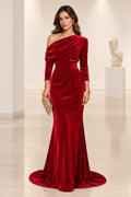 Red velvet off shoulder mermaid long sleeve floor length bridesmaid dress