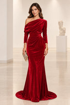 Red velvet off shoulder mermaid long sleeve floor length bridesmaid dress