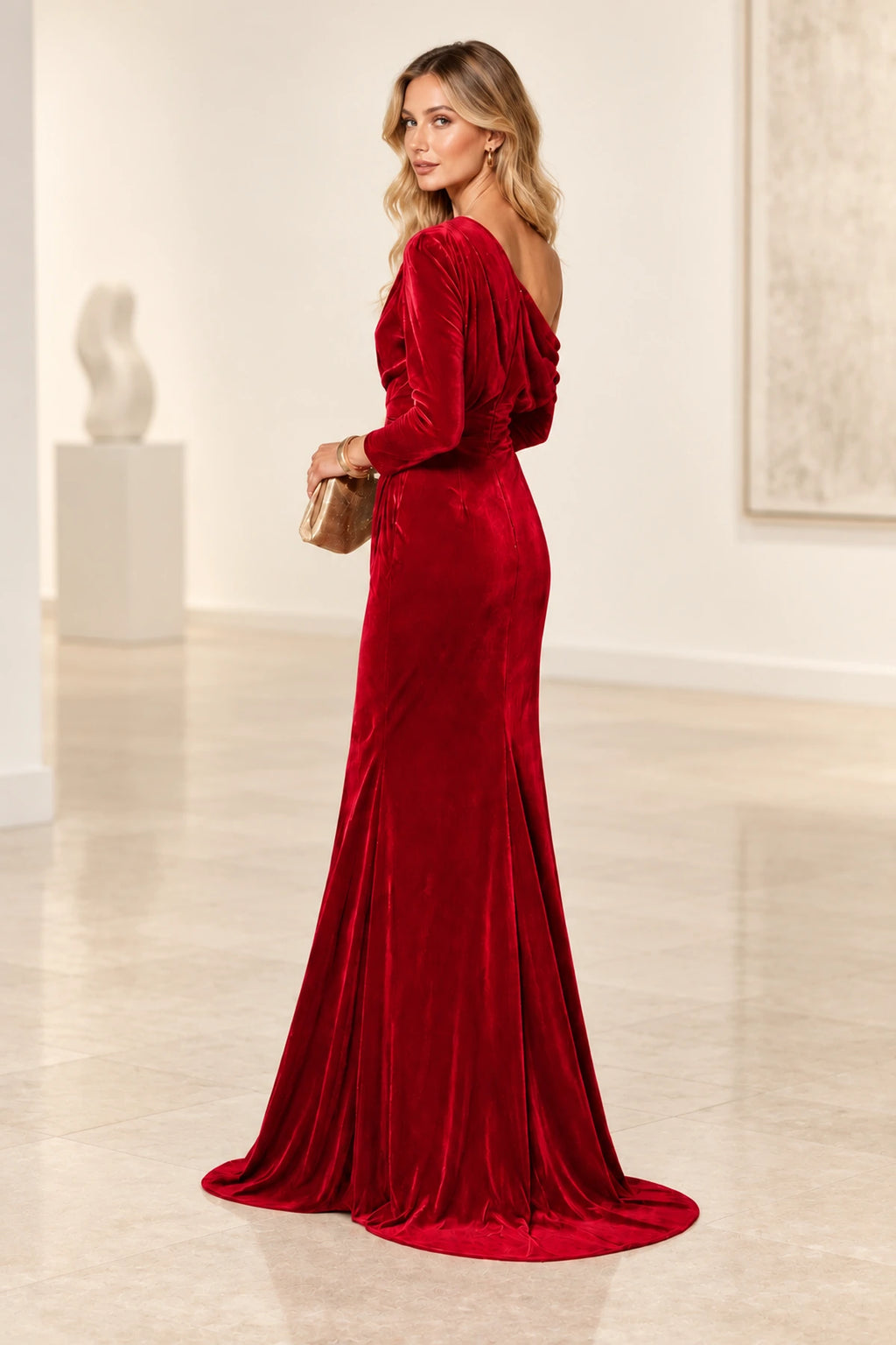 Red velvet mermaid bridesmaid dress with draped open back and long sleeves