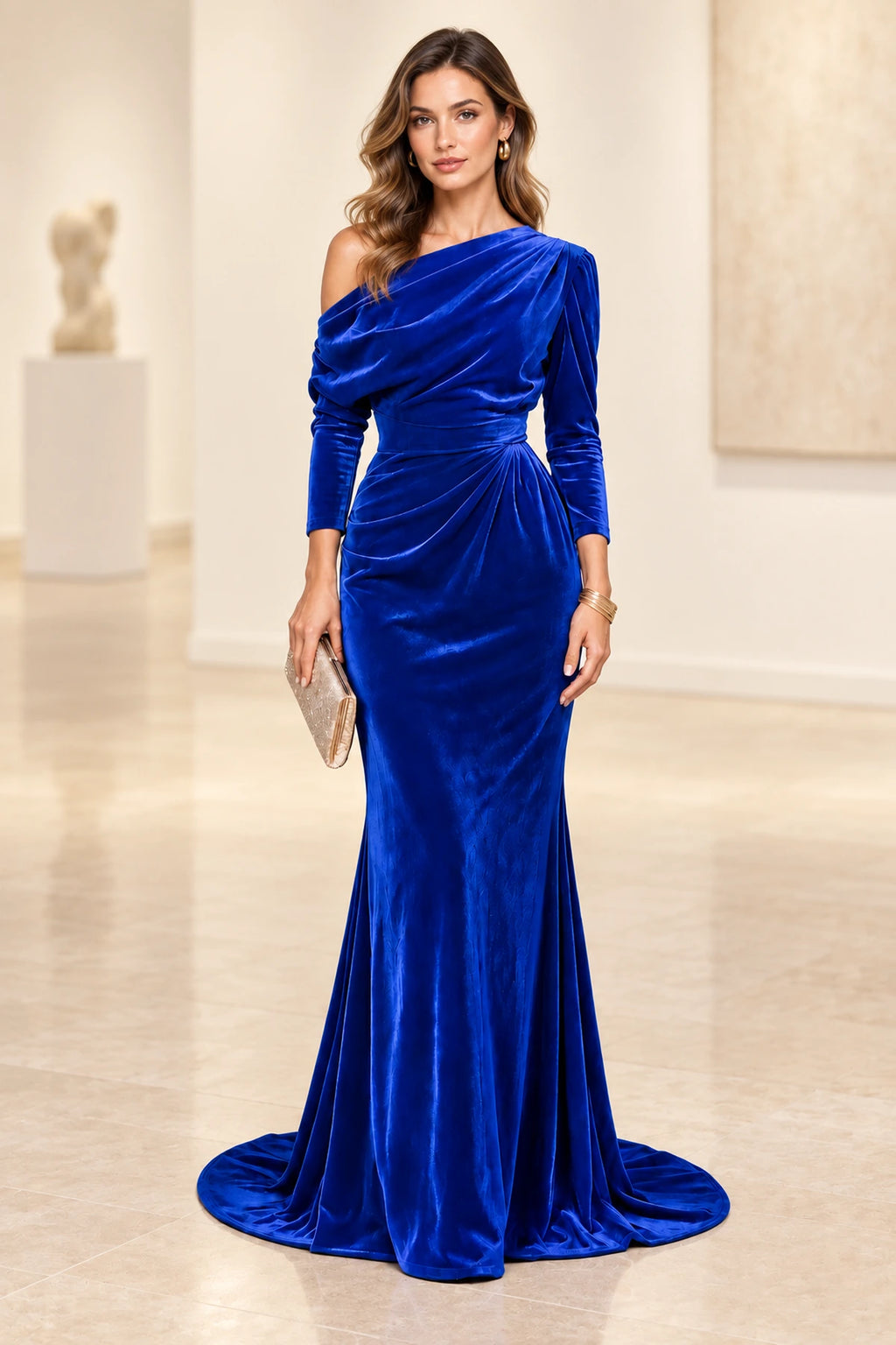 Elegant Mermaid Off Shoulder Long Sleeve Back Draped Floor Length Bridesmaid Dress