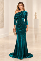Elegant Mermaid Off Shoulder Long Sleeve Back Draped Floor Length Bridesmaid Dress