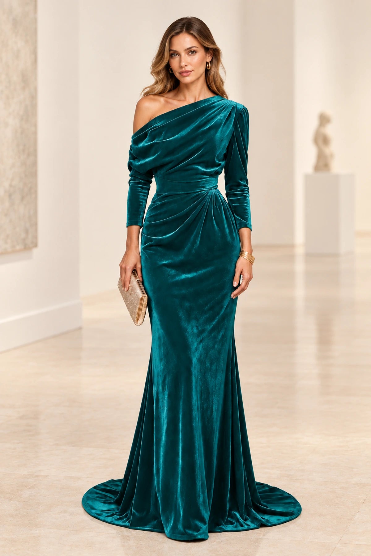 Elegant Mermaid Off Shoulder Long Sleeve Back Draped Floor Length Bridesmaid Dress