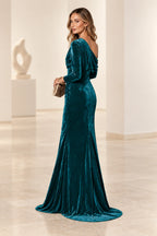 Elegant Mermaid Off Shoulder Long Sleeve Back Draped Floor Length Bridesmaid Dress