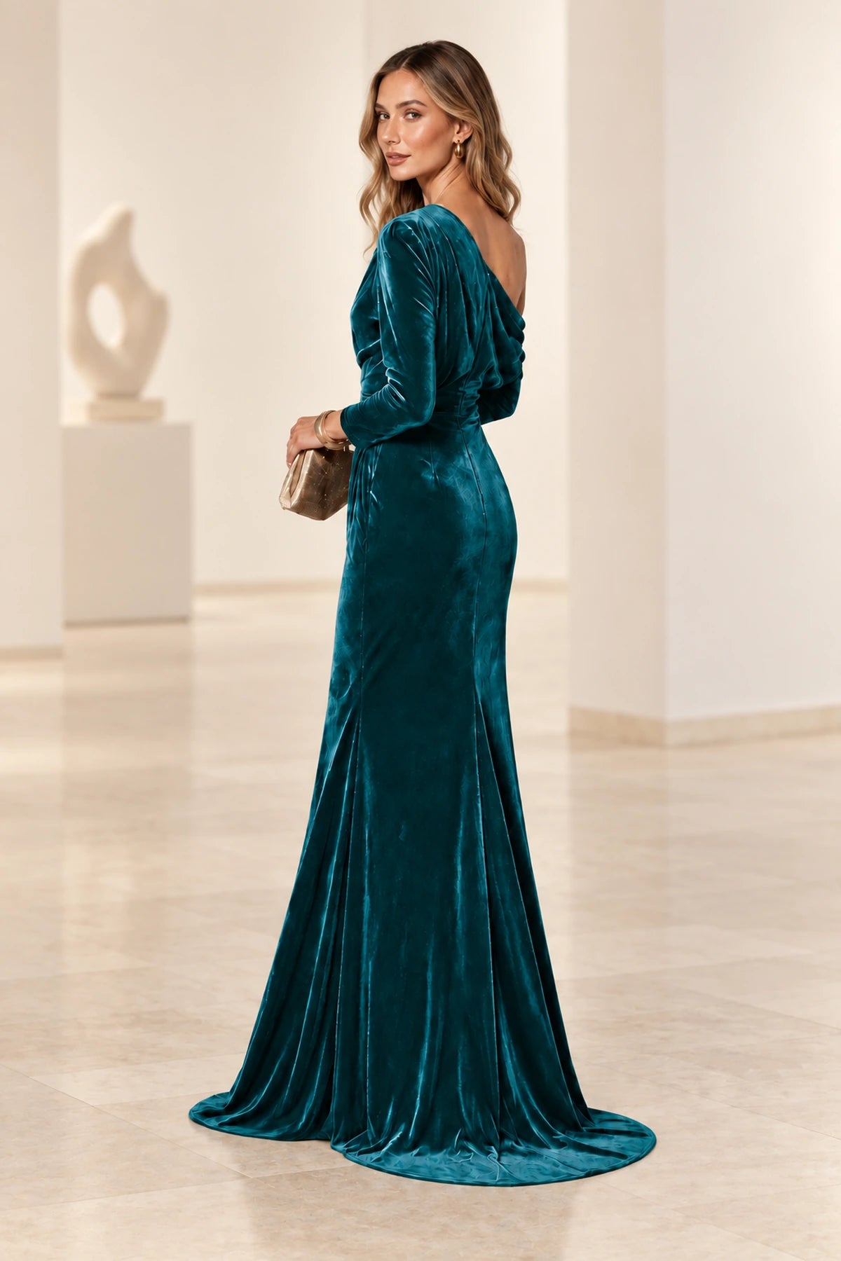 Elegant Mermaid Off Shoulder Long Sleeve Back Draped Floor Length Bridesmaid Dress