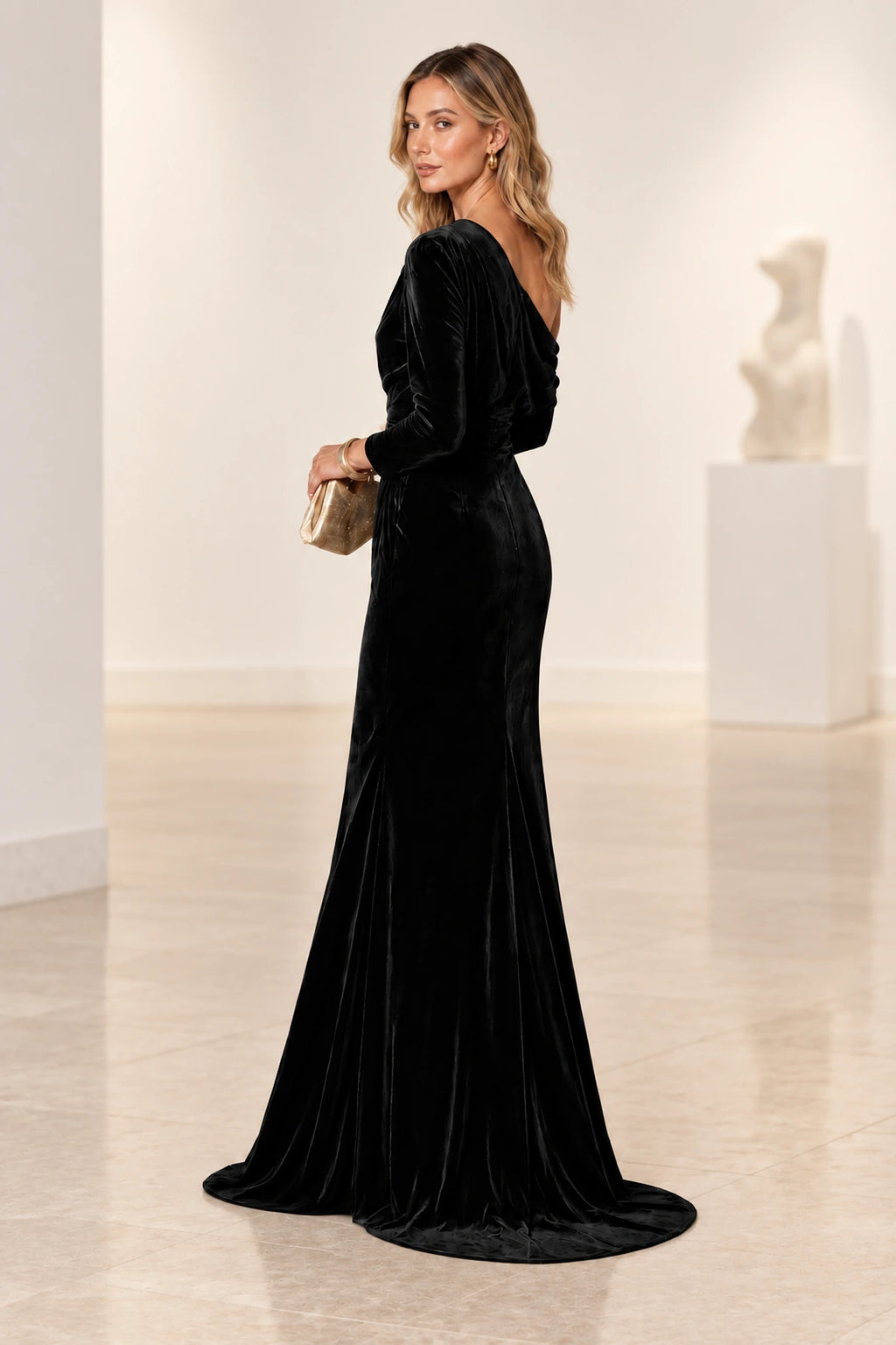 Elegant Mermaid Off Shoulder Long Sleeve Back Draped Floor Length Bridesmaid Dress