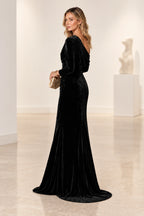 Elegant Mermaid Off Shoulder Long Sleeve Back Draped Floor Length Bridesmaid Dress
