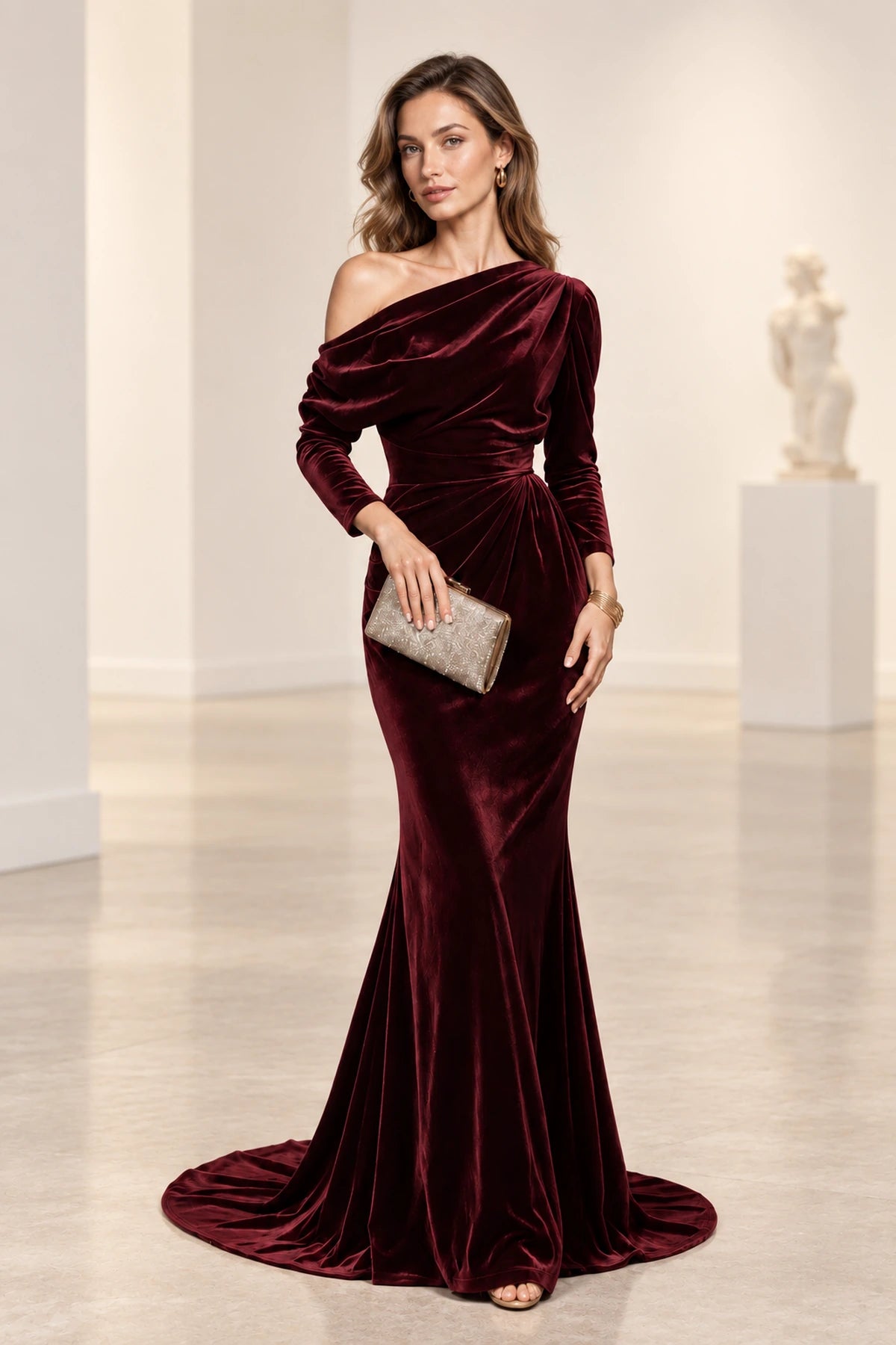 Elegant Mermaid Off Shoulder Long Sleeve Back Draped Floor Length Bridesmaid Dress