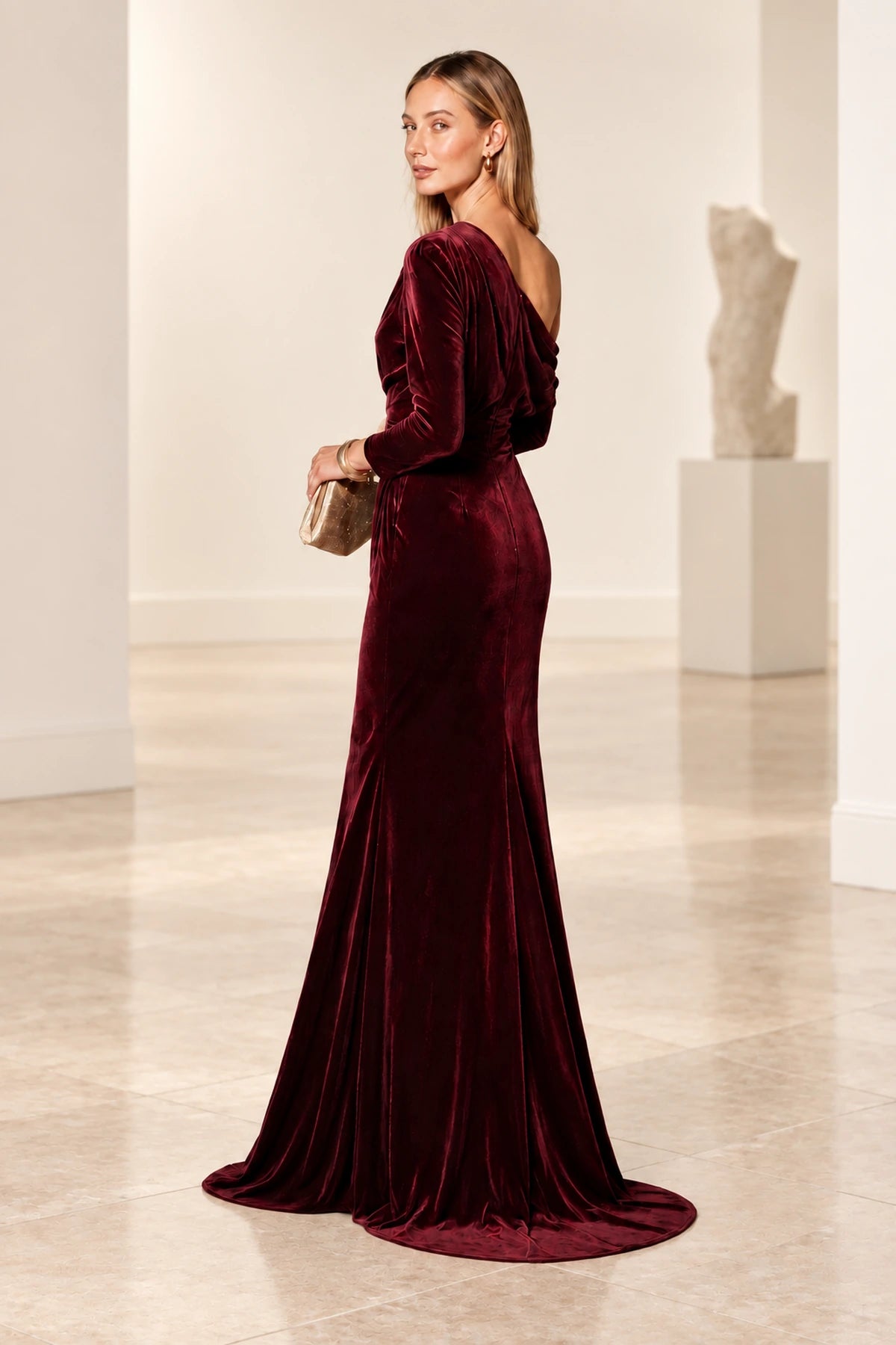 Elegant Mermaid Off Shoulder Long Sleeve Back Draped Floor Length Bridesmaid Dress