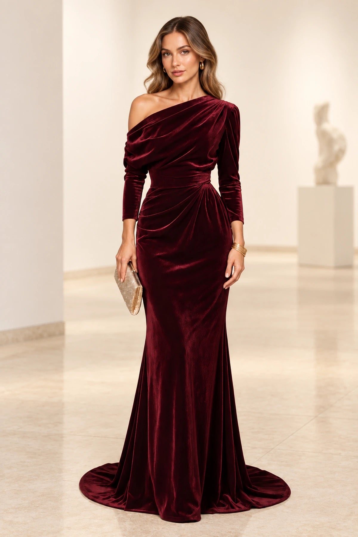 Elegant Mermaid Off Shoulder Long Sleeve Back Draped Floor Length Bridesmaid Dress