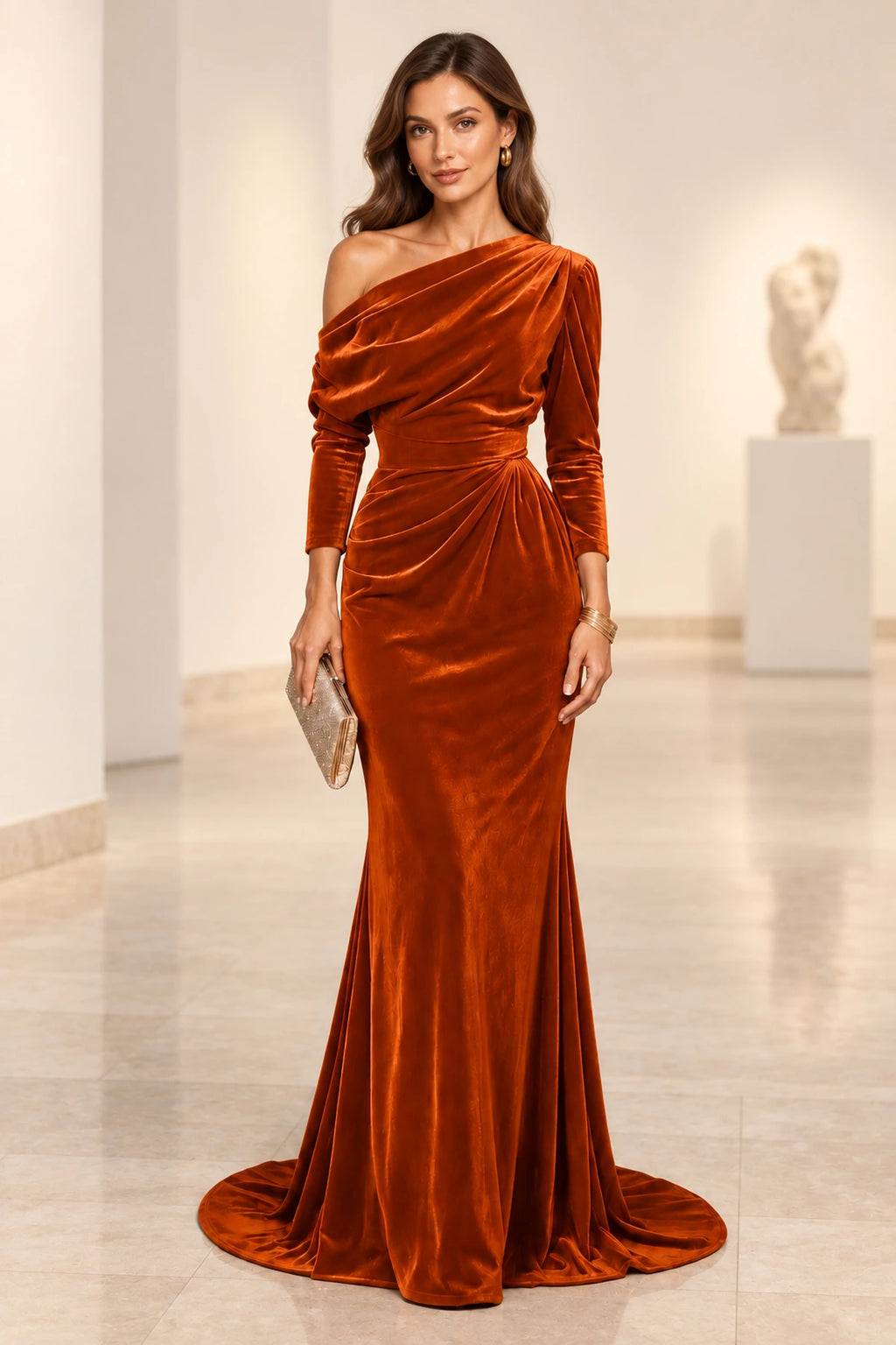 Elegant Mermaid Off Shoulder Long Sleeve Back Draped Floor Length Bridesmaid Dress