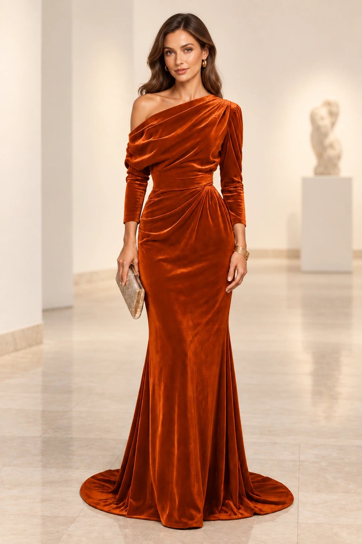 Elegant Mermaid Off Shoulder Long Sleeve Back Draped Floor Length Bridesmaid Dress