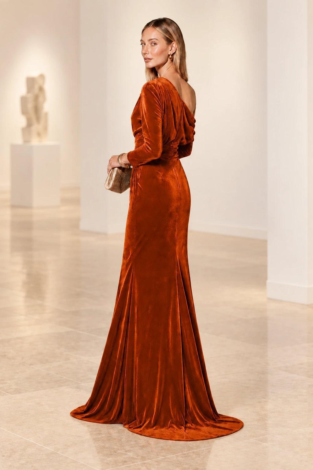 Elegant Mermaid Off Shoulder Long Sleeve Back Draped Floor Length Bridesmaid Dress
