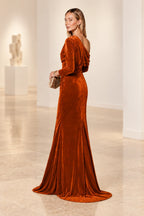 Elegant Mermaid Off Shoulder Long Sleeve Back Draped Floor Length Bridesmaid Dress
