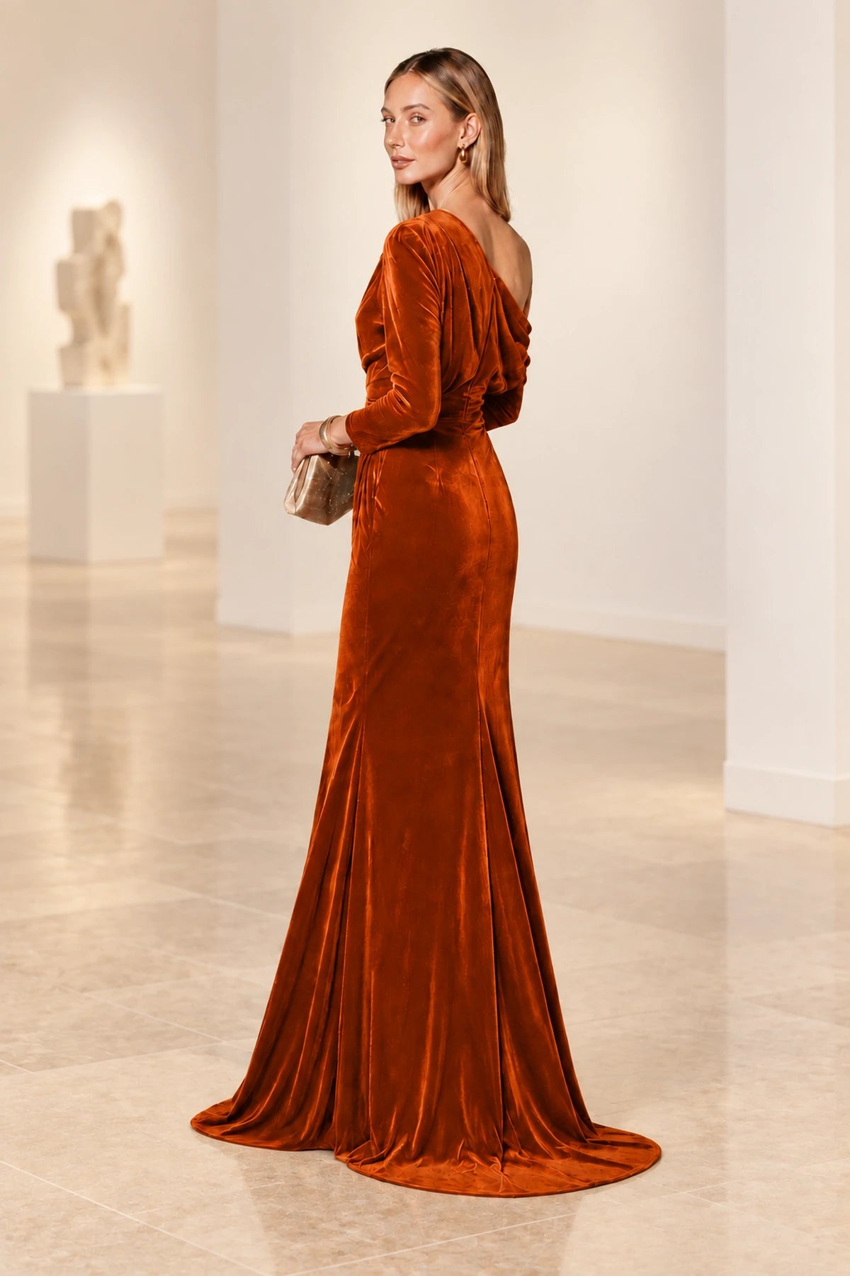 Elegant Mermaid Off Shoulder Long Sleeve Back Draped Floor Length Bridesmaid Dress