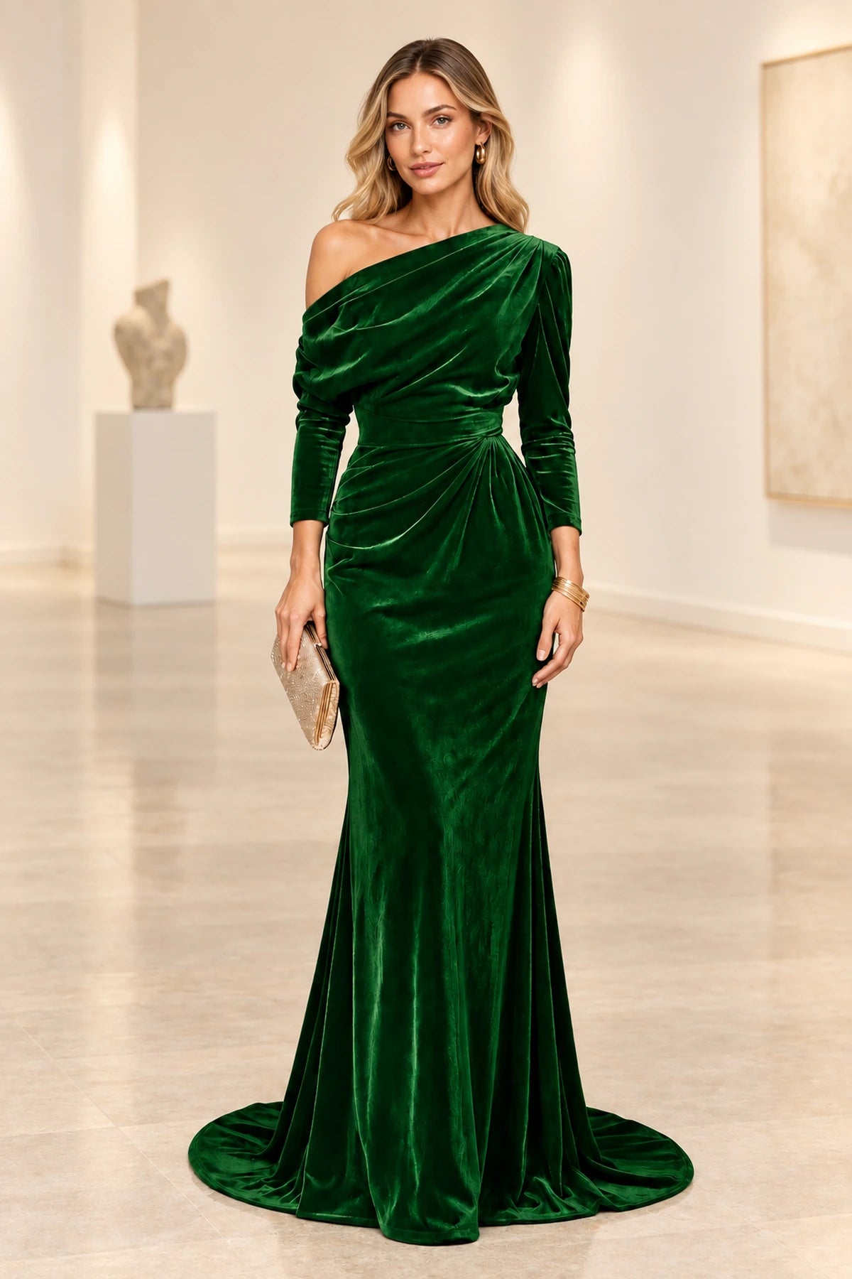 Elegant Mermaid Off Shoulder Long Sleeve Back Draped Floor Length Bridesmaid Dress