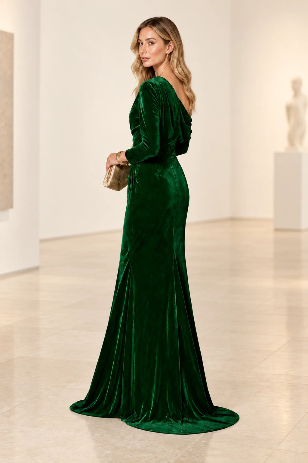 Elegant Mermaid Off Shoulder Long Sleeve Back Draped Floor Length Bridesmaid Dress