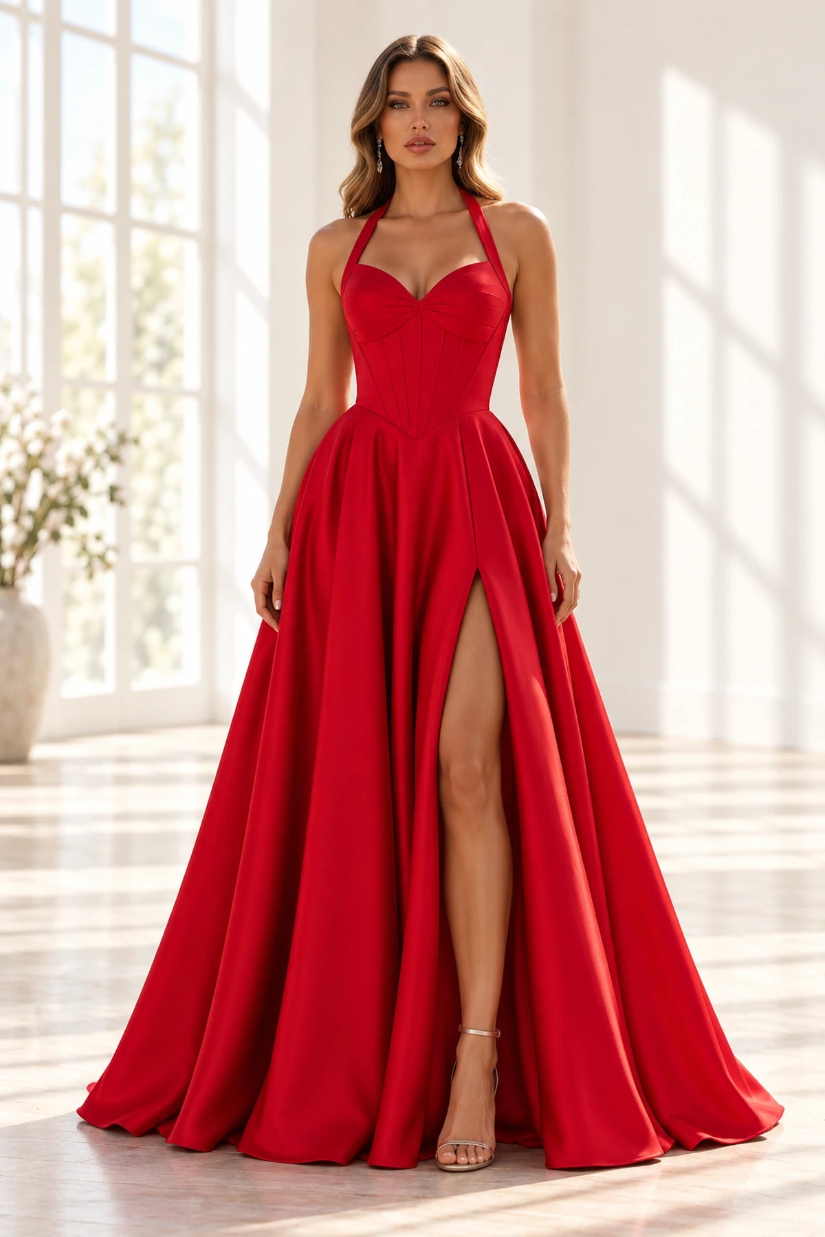 Elegant Satin A-Line Halter Sweetheart Sleeveless Lace-Up Back Long Prom Dress