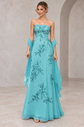 Graceprom romantic chiffon A-line prom dress with strapless neckline, floral embroidery, flowing floor-length skirt, front view