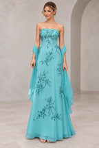 Graceprom romantic chiffon A-line prom dress with strapless neckline, floral embroidery, flowing floor-length skirt, front view