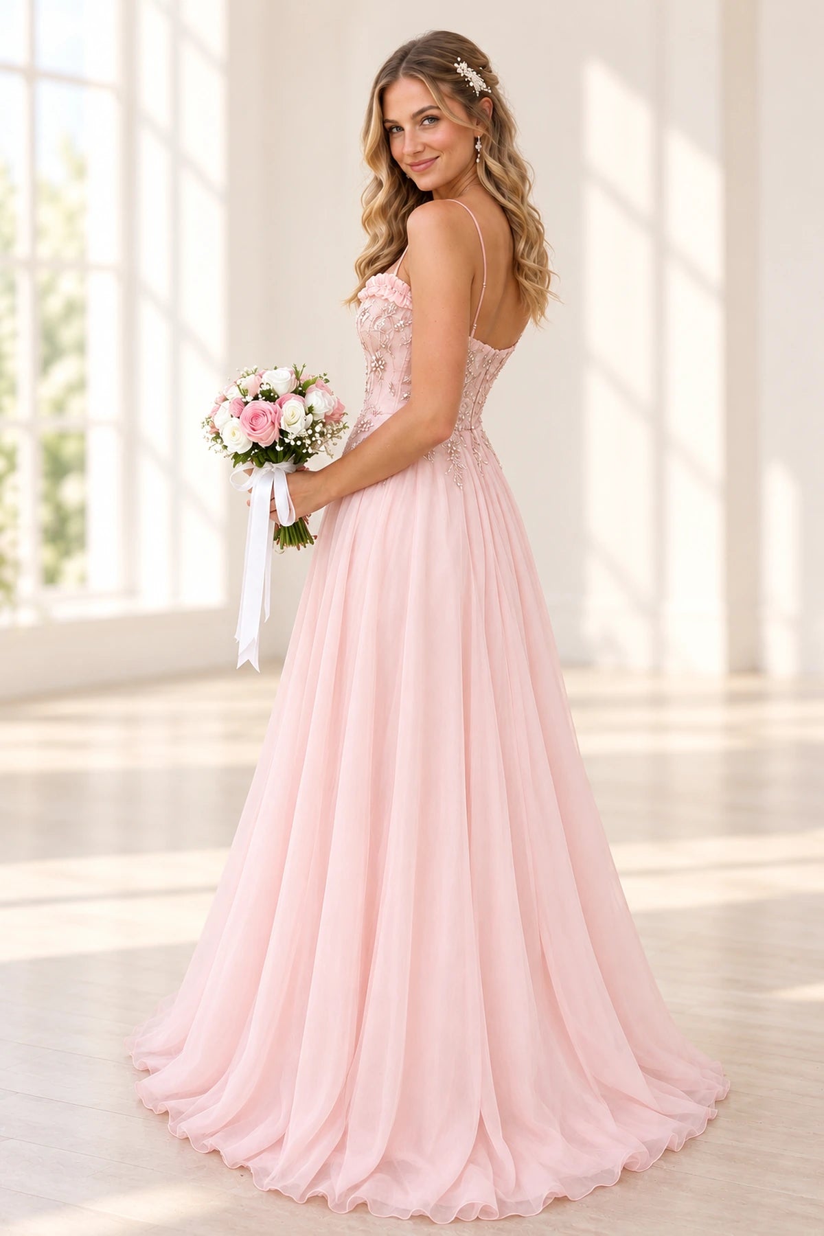 Blush pink chiffon A-line bridesmaid dress back view featuring spaghetti straps, floral embroidered bodice, delicate beaded details and flowing floor-length skirt